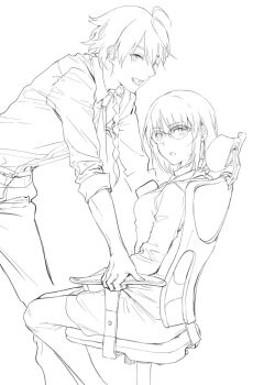 Rule 34 | 1boy, 1girl, braid, chair, commentary request, fate/strange fake, fate (series), highres, inb9r, korean commentary, leaning forward, long sleeves, looking at viewer, monochrome, necktie, open mouth, richard i (fate), round eyewear, sajou ayaka (fate/strange fake), short hair, side braid, sidelocks, sideways glance, single braid, sitting, sketch, skirt, sleeves rolled up, swivel chair, teeth