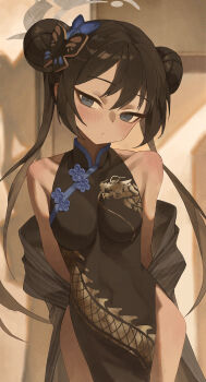 1girl absurdres alternate_breast_size_(larger) black_dress blue_archive blush breasts butterfly_hair_ornament china_dress chinese_clothes chiyo_kami closed_mouth coat commentary_request covered_navel double_bun dragon_print dress grey_coat grey_eyes hair_between_eyes hair_bun hair_ornament highres kisaki_(blue_archive) looking_at_viewer medium_breasts missing_halo pelvic_curtain shadow sidelocks solo standing twintails