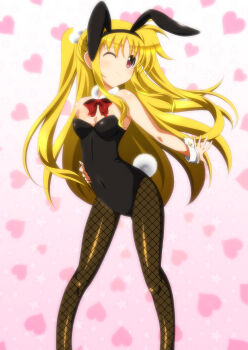 Rule 34 | 1girl, alicia testarossa, animal ears, blonde hair, covered navel, detached collar, fake animal ears, female focus, fishnet pantyhose, fishnets, gradient background, heart, heart background, highres, ka2, long hair, lyrical nanoha, mahou shoujo lyrical nanoha, mahou shoujo lyrical nanoha innocent, one eye closed, pantyhose, playboy bunny, rabbit ears, rabbit tail, red eyes, smile, solo, tail, twintails, two side up, wink, wrist cuffs