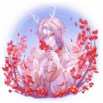 Rule 34 | 1boy, absurdres, antlers, artist name, blue eyes, blue sky, border, chinese clothes, collar, commentary request, cropped torso, day, deer antlers, eyelashes, eyeliner, flower, hair between eyes, hanfu, happy, highres, holding, holding flower, horn ornament, horn ribbon, horns, hybreasalis, light particles, long sleeves, luming (shining nikki), makeup, male focus, nikki (series), outdoors, parted bangs, petals, plum blossoms, red eyeliner, red flower, red ribbon, ribbon, round border, shining nikki, short hair, sky, solo, translucent horns, watermark, white border, white collar, white hair, white hanfu, white horns, yunjian