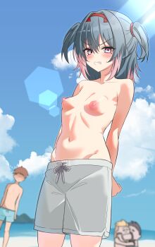 1girl absurdres beach black_survival blue_hair blue_sky blush breasts clenched_teeth day eternal_return:_black_survival hair_between_eyes highres hisui_(black_survival) looking_at_viewer male_swimwear male_swimwear_challenge multicolored_hair navel nipples outdoors p_chemistry pink_hair sky small_breasts solo_focus stomach streaked_hair teeth topless_female two_side_up