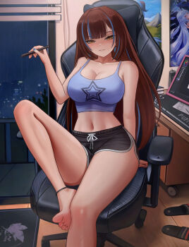 1girl absurdres bare_shoulders barefoot black_shorts blue_camisole blue_nails blue_streaks breasts brown_hair camisole chair city_lights cleavage commentary crop_top desk dolphin_shorts drawing_tablet earrings foot_out_of_frame gaming_chair ganyu_(genshin_impact) highres holding holding_stylus indoors jewelry knee_up large_breasts long_hair looking_at_viewer midriff multicolored_hair nail_polish navel nerv night on_chair original parted_lips poster_(object) puppnett short_shorts shorts sitting skirk_(genshin_impact) slippers solo streaked_hair stylus swivel_chair unworn_slippers very_long_hair window wooden_floor yellow_eyes