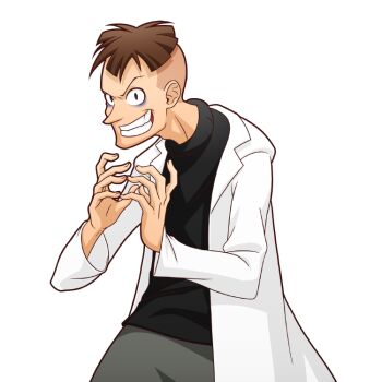 1boy animification black_eyes brown_hair evil_grin evil_smile grin heinz_doofenshmirtz lab_coat long_sleeves looking_at_viewer mike_inel pants phineas_and_ferb shirt short_hair smile solo teeth