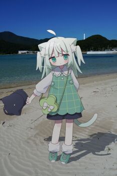 1girl :&lt; ahoge animal_ear_fluff animal_ears artist_name bag beach black_shorts blush cat_ears cat_girl cat_tail closed_mouth collared_shirt commentary dress full_body green_bag green_dress green_eyes green_hair green_shoes hair_ornament hairclip hat highres holding holding_unworn_clothes holding_unworn_hat long_hair long_sleeves looking_at_viewer loose_socks nakkar original outdoors photo_background puffy_long_sleeves puffy_sleeves shadow shirt shoes short_shorts shorts shorts_under_dress shoulder_bag socks solo standing symbol-only_commentary tail twitter_username two_side_up unworn_hat unworn_headwear white_shirt white_socks