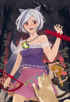 2girls animal_ears apron artist_name bare_shoulders bear_trap black_hat black_skirt black_vest blonde_hair blue_streaks blush bow braid broom climbing closed_eyes collarbone commentary_request cowboy_shot dog foliage forest frilled_apron frilled_skirt frills gem green_gemstone grey_hair grin hand_on_headwear hand_up hat hat_bow highres holding holding_broom kirisame_marisa long_hair midriff_peek mitsugashira_enoko multiple_girls multiple_tails mushroom nagato_tsumugu nature off-shoulder_shirt off_shoulder outdoors pink_skirt purple_shirt rainbow_gradient red_eyes see-through_clothes see-through_sleeves shiba_inu shirt short_sleeves single_braid skirt smile story_in_commentary sunset surprised tail touhou tree triangle_print vest white_apron white_bow white_shirt witch_hat wolf_ears wolf_girl wolf_tail