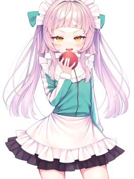 1girl absurdres alternate_costume alternate_hairstyle apple apron bib_collar black_skirt blunt_bangs blush commentary cowboy_shot detached_collar enmaided fangs food frilled_apron frilled_skirt frills fruit grey_hair grey_jacket half-closed_eyes highres holding holding_food holding_fruit hololive jacket jersey_maid kage_(ka_9e_4su) long_hair long_sidelocks long_sleeves looking_at_viewer maid maid_headdress miniskirt murasaki_shion open_mouth ringed_eyes short_eyebrows sidelocks simple_background skirt solo tensei_ringo_(vocaloid) track_jacket twintails unconventional_maid v-shaped_eyebrows virtual_youtuber white_apron white_background yellow_eyes zipper