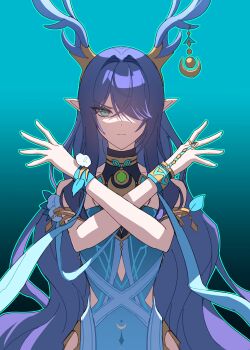 Rule 34 | 1girl, absurdres, antlers, aqua background, aqua eyes, armlet, blue dress, bracelet, closed mouth, deer antlers, dress, genshin impact, gradient background, green outline, hair intakes, hair over one eye, hands up, highres, horns, jewelry, lauma (genshin impact), long hair, looking at viewer, miaoyeza233, one eye covered, outline, pointy ears, purple hair, solo, upper body, very long hair, x arms