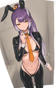 Rule 34 | 1girl, animal ear hairband, animal ears, bikini, black bikini, black hiphighs, black shrug, breasts, commentary request, fake animal ears, female pubic hair, gradient hair, hairband, highres, hiphighs, long hair, medium breasts, multicolored hair, necktie, nijisanji, ponytail, pubic hair, pubic hair peek, purple hair, rabbit ear hairband, rabbit ears, revealing clothes, reverse bunnysuit, reverse outfit, shiroboshi reru, shrug (clothing), swimsuit, umise yotsuha, virtual youtuber, yellow eyes