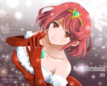 1girl 2024 alternate_costume bob_cut breasts chest_jewel collarbone commentary_request core_crystal_(xenoblade) dress earrings elbow_gloves floating_earrings fur-trimmed_dress fur_trim gloves jewelry large_breasts mizss own_hands_together pyra_(xenoblade) red_dress red_eyes red_hair santa_costume santa_dress short_hair snowing solo strapless strapless_dress swept_bangs tiara upper_body white_trim xenoblade_chronicles_(series) xenoblade_chronicles_2