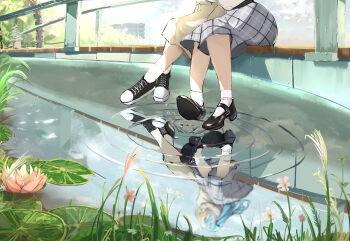 2girls absurdres bang_dream! bang_dream!_it&#039;s_mygo!!!!! black_shoes brown_skirt commentary_request grey_skirt highres lilachinami lily_pad misumi_uika multiple_girls plant railing reflection reflective_water shoes sitting skirt socks togawa_sakiko white_socks yuri