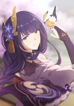 1girl artist_name bird bird_on_hand blunt_bangs blurry braid breasts cleavage commentary depth_of_field devi_hendita english_commentary genshin_impact highres japanese_clothes kimono large_breasts light_particles long_braid long_hair mitsudomoe_(shape) multicolored_hair neck_ribbon no_mole off_shoulder outdoors parted_lips purple_eyes purple_hair purple_kimono raiden_shogun red_ribbon ribbon single_braid solo streaked_hair tomoe_(symbol) upper_body wide_sleeves