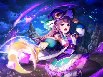 Rule 34 | 1girl, armpit crease, aura, black pantyhose, blue eyes, blue hair, blunt bangs, blush, bow, bowtie, detached sleeves, dress, earrings, frilled dress, frills, game cg, hand up, hat, holding, holding staff, jewelry, looking at viewer, mage staff, multicolored dress, night, official art, open mouth, pantyhose, puffy detached sleeves, puffy sleeves, purple hat, shoujo kageki revue starlight, shoujo kageki revue starlight -re live-, solo, staff, standing, standing on one leg, tsuyuzaki mahiru, upper body, v-shaped eyebrows, white bow, white bowtie, witch, witch hat