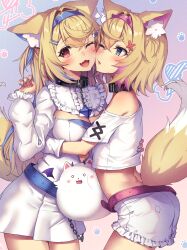 Rule 34 | 2girls, ;d, animal ear fluff, animal ears, belt, black collar, blonde hair, blue belt, blue eyes, blue hair, blue hairband, blue nails, breasts, chain, cheek-to-cheek, cleavage, collar, commentary, crop top, dog ears, dog girl, dog tail, fake horns, fang, frilled shorts, frills, fuwawa abyssgard, gradient hair, hair ornament, hairband, hairclip, hand on another&#039;s back, hand up, heads together, highres, hololive, hololive english, horns, hug, long hair, long sleeves, medium breasts, midriff, mixed-language commentary, mococo abyssgard, multicolored hair, multiple girls, nail polish, off shoulder, one eye closed, open mouth, parted lips, perroccino (fuwamoco), pink belt, pink hair, pink hairband, pleated skirt, puffy long sleeves, puffy sleeves, red eyes, ryuinu, shirt, short shorts, shorts, siblings, sisters, skirt, smile, streaked hair, tail, twins, very long hair, virtual youtuber, white shirt, white shorts, white skirt, x hair ornament