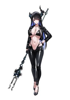 absurdres asymmetrical_horns bikini black_bikini black_gloves black_jacket black_pants breasts cleavage collarbone cropped_jacket demon_horns female_pubic_hair full_body gloves highres holding holding_polearm holding_weapon hololive hololive_english horns jacket jewelry large_breasts leather leather_jacket leather_pants looking_at_viewer navel necklace nerissa_ravencroft open_clothes open_jacket pants polearm pubic_hair pubic_hair_peek raikkonen red_eyes simple_background solo stomach swimsuit uneven_horns virtual_youtuber weapon white_background