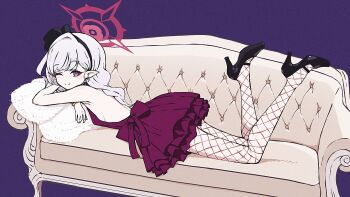 1girl bare_back black_hairband black_shoes blue_archive blush bow breasts commentary couch dress earrings fishnet_pantyhose fishnets fur_shawl hairband halo high_heels highres jewelry long_hair looking_at_viewer lying mutsuki_(blue_archive) mutsuki_(dress)_(blue_archive) nkymyura official_alternate_costume on_counter on_stomach one_eye_closed pantyhose pointy_ears purple_background purple_dress purple_eyes red_dress red_halo shawl shoes sleeveless sleeveless_dress small_breasts smile solo wavy_ends white_hair white_shawl