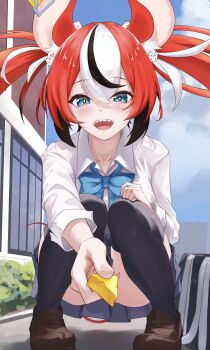 1girl absurdres animal_ears bag black_hair black_thighhighs blue_eyes blue_sky building cheese cloud cloudy_sky collared_shirt day dice_hair_ornament duffel_bag food grey_skirt hair_ornament hakos_baelz highres holding holding_food hololive hololive_english ilie_ilie mouse_ears mouse_girl mouse_tail mousetrap multicolored_hair open_mouth red_eyes school_uniform sharp_teeth shirt skirt sky solo squatting streaked_hair tail teeth thighhighs twintails upper_teeth_only virtual_youtuber white_hair white_shirt