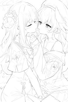 2girls blue_archive blush capelet commentary dress english_commentary french_kiss greyscale hair_bun halo hat head_wings highres kiss koharu_(blue_archive) koko_(user_hktv5235) long_hair mika_(blue_archive) monochrome multiple_girls scrunchie shirt simple_background single_bare_shoulder single_off_shoulder skirt sleeves_past_wrists tongue tongue_out twintails white_background wings wrist_scrunchie yuri