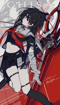 1girl absurdres adapted_costume arm_up bandaged_arm bandages black_hair black_jacket black_serafuku black_shirt black_skirt chisa_(wuthering_waves) closed_mouth grey_sailor_collar hair_ribbon highres holding holding_sword holding_weapon jacket laofagun long_hair looking_at_viewer navel neckerchief red_eyes red_neckerchief red_ribbon ribbon sailor_collar school_uniform serafuku shirt skirt solo stomach sword thigh_strap weapon wuthering_waves