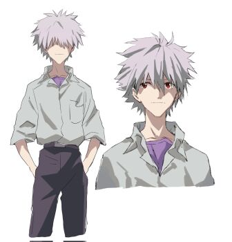 Rule 34 | 1boy, black pants, closed mouth, collared shirt, commentary request, corrupted twitter file, grey hair, hands in pockets, highres, looking up, male focus, multiple views, nagisa kaworu, neon genesis evangelion, no eyes, pants, red eyes, shirt, shirt tucked in, short hair, simple background, undershirt, white background, white shirt, yorumi1117