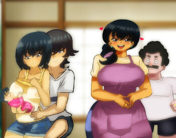 1boy 1girl absurdres age_difference apron aunt baby black_hair blue_eyes blurry blurry_background blush breastfeeding breasts cousins daikiarts denim denim_shorts dieselmine family happy heart hetero highres implied_incest indoors jewelry large_breasts lifting_own_clothes natsuhara_hazuki open_mouth pillow pink_apron ring shorts smile summer_inaka_no_seikatsu tan tanline uncle waist_grab wedding_ring