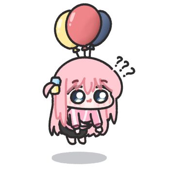Rule 34 | 1girl, ?, ??, balloon, black skirt, blue eyes, bocchi the rock!, chibi, chibi only, closed mouth, commentary, confused, english commentary, floating, full body, gotoh hitori, highres, jacket, long hair, looking at viewer, lulalang, one side up, pink hair, pink jacket, simple background, skirt, solo, white background