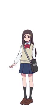1girl black_hair black_socks blue_skirt digimon digimon_beatbreak full_body long_hair official_art pleated_skirt shinomiya_hitomi shirt simple_background skirt socks solo standing sweater toei_company transparent_background white_shirt