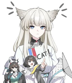 Rule 34 | 3girls, absurdres, adapted costume, animal ears, arknights, arknights: endfield, asiri senpai, bird ears, bird girl, black eyes, black hair, black jacket, blue eyes, breasts, chen qianyu (arknights), closed mouth, commentary, dragon horns, eastern dragon horns, endministrator (arknights), english text, female endministrator (arknights), green jacket, grey hair, highres, horns, jacket, long hair, looking at viewer, medium breasts, multiple girls, no mask, off shoulder, open mouth, perlica (arknights), pointing, removing eyewear, simple background, sunglasses, sweater, upper body, white background, white jacket, white sweater, yellow pupils