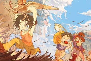 3boys aged_down ascot black_hair blonde_hair blue_hair brothers butterfly_net chasing child coat goggles goggles_on_headwear hand_net hashtag-only_commentary hat highres holding holding_bug holding_butterfly_net monkey_d._luffy multiple_boys one_eye_closed one_piece portgas_d._ace running sabo_(one_piece) sample_watermark scar scar_on_face siblings siyangou49 smile straw_hat watermark white_ascot