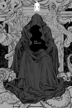 1boy black_robe dalchi09 elbow_rest faceless facing_viewer full_body greyscale head_down highres male_focus monochrome omniscient_reader's_viewpoint robe secretive_plotter sitting sketch solo tentacles throne yoo_joonghyuk