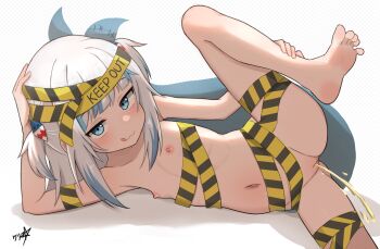 1girl :3 :q barefoot blue_eyes blue_hair blush boppin caution_tape cleft_of_venus closed_mouth commentary commission dot_nose english_commentary feet fins fish_tail flat_chest gawr_gura grey_hair hair_ornament highres hololive hololive_english leg_up loli looking_at_viewer lying medium_hair multicolored_hair naughty_face navel nipples nude on_side paid_reward_available pee peeing pussy shark_girl shark_hair_ornament shark_tail simple_background soles solo streaked_hair tail toes tongue tongue_out two_side_up uncensored virtual_youtuber white_background