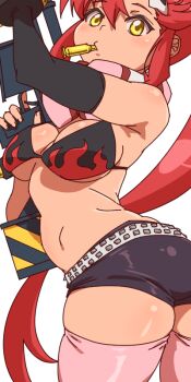 1girl anti-materiel_rifle aonori_misuji asymmetrical_gloves bare_shoulders belt bikini bikini_top_only bullet_in_mouth commentary_request cowboy_shot flame_print gloves gun holding holding_gun holding_weapon looking_at_viewer navel no_shirt pink_scarf pink_thighhighs red_hair rifle scarf short_shorts shorts sidelocks skindentation sniper_rifle solo studded_belt swimsuit tengen_toppa_gurren_lagann thighhighs uneven_gloves weapon yellow_eyes yoko_littner