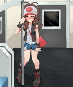 1girl absurdres antenna_hair arm_at_side bag bare_shoulders baseball_cap black_boots black_vest blue_eyes blue_shorts blush boots breasts brown_hair closed_mouth collarbone door dripping embarrassed female_focus grey_shirt half-closed_eyes hand_on_own_thigh hand_up hat have_to_pee highres hilda_(pokemon) holding holding_pole indoors lace-up_boots long_hair looking_afar mizuumi_(expanse_lake) nintendo nose_blush pee peeing peeing_self pigeon-toed pink_hat pocket poke_ball_symbol pokemon pokemon_bw pole shirt short_shorts shorts shoulder_bag sidelocks sleeveless sleeveless_shirt small_breasts solo split_mouth standing sweat tears train_interior vest wet wet_clothes wet_shorts wristband