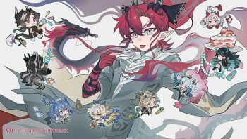 4girls 5boys :p arknights bead_bracelet beads black_bow black_hair black_hands blonde_hair blue_eyes blue_hair bow bracelet brother_and_sister brown_hair cake cake_slice character_name chinese_commentary chongyue_(arknights) colored_extremities colored_inner_hair commentary_request dated dragon dragon_boy dragon_horns dragon_tail dusk_(arknights) eastern_dragon facing_away food fork gift gourd gradient_hair green_eyes green_hair grey_hair grey_shirt hair_bow hair_over_one_eye happy_birthday highres holding holding_fork holding_party_popper holding_plate horns jewelry ji_(arknights) ling_(arknights) long_hair long_sleeves multicolored_hair multiple_boys multiple_girls nian_(arknights) party_popper pink_hair plate pointy_ears red_eyes red_hair red_hands shirt shu_(arknights) siblings simple_background streaked_hair surprised tail tongue tongue_out wang_(arknights) white_background white_hair wide_sleeves xian_meng_huanyou_ji yellow_hands yi_(arknights) yu_(arknights)