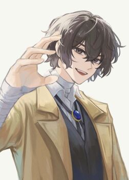 1boy adam's_apple bandaged_arm bandaged_neck bandages brown_eyes brown_hair bungou_stray_dogs coat collared_shirt dazai_osamu_(bungou_stray_dogs) hair_between_eyes hashtag-only_commentary highres looking_at_viewer male_focus neck_ribbon open_mouth ribbon shirt simple_background solo teeth ufomelet_et upper_body vest waistcoat white_background white_shirt