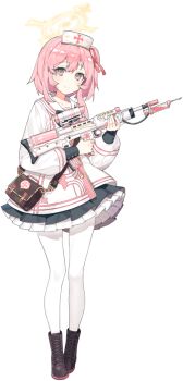 1girl assault_rifle asymmetrical_shirt bag bayonet black_boots black_skirt blue_archive blush boots bullpup closed_mouth cross feather_hair_ornament feathers female_focus full_body game_asset gun hair_ornament hair_ribbon halo handbag happy hat holding holding_gun holding_weapon l85 lace-up_boots large_variant_set legs light_blush long_sleeves looking_at_viewer miniskirt nurse_cap official_art one_side_up pantyhose petticoat pink_eyes pink_feathers pink_hair pink_trim pleated_skirt red_cross red_ribbon ribbon rifle ronopu sailor_collar scope serina_(blue_archive) shirt short_hair shoulder_bag sidelocks simple_background skirt smile solo split_mouth syringe tachi-e third-party_source transparent_background trigger_discipline two-handed variant_set weapon white_pantyhose white_sailor_collar white_shirt yellow_halo