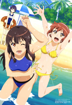3girls :d ;d absurdres arm_up armpits arms_up bare_shoulders barefoot beach bikini black_eyes black_hair blue_bikini blue_one-piece_swimsuit breasts brown_hair character_name cleavage collarbone day donut_innertube dutch_angle feet female_focus hairband happy highres innertube laughing leg_up long_hair lower_teeth_only megami_magazine midriff miyama_tsubame multiple_girls navel obuchi_yousuke official_art one-piece_swimsuit one_eye_closed open_mouth orange_eyes outdoors palm_tree sajima_yumi school_girl_strikers school_swimsuit short_hair side-tie_bikini_bottom sideboob small_breasts smile splashing sports_bikini standing sumihara_satoka swim_ring swimsuit teeth toes tree underboob upper_teeth_only wading wet white_hairband wince yellow_bikini yellow_eyes