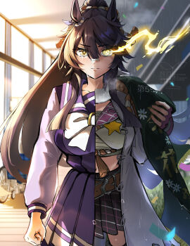 1girl absurdres animal_ears bandaid bandaid_on_face bandaid_on_nose black_hair bow bowtie breasts chest_sarashi closed_mouth coat confetti crying eye_trail fingerless_gloves gloves glowing glowing_eye glowing_eyes hair_between_eyes highres horse_ears horse_girl jacket large_breasts light_trail long_hair long_sleeves looking_at_viewer midriff naegi_happy narita_brian_(maverick)_(umamusume) narita_brian_(umamusume) navel open_clothes open_coat pink_gloves plaid_clothes plaid_skirt ponytail purple_sailor_collar purple_serafuku purple_shirt purple_skirt rope sailor_collar sailor_shirt sarashi school_uniform serafuku shimenawa shirt skirt solo tears torn_clothes torn_coat tracen_school_uniform umamusume umamusume:_star_blossom white_bow white_bowtie white_coat yellow_eyes