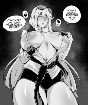 1girl cero_rains commentary covered_erect_nipples cowboy_shot digimon digimon_story:_cyber_sleuth eyewear_on_head greyscale heart highres kuremi_kyouko long_hair looking_at_viewer monochrome navel nipples open_clothes open_shirt scarf shorts solo speech_bubble spoken_heart