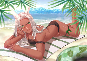 1girl absurdres animal_ears arm_rest armband barefoot beach bikini black_bikini blurry blurry_foreground bow breasts closed_mouth commentary commission curtained_hair dark-skinned_female dark_skin english_commentary final_fantasy final_fantasy_xiv frilled_armband frills full_body glasses green_bow green_eyes head_rest highres innertube katelyn_regia_(temporaltactics) leaf leg_up light_smile long_hair lying ocean on_stomach original outdoors palm_leaf parted_bangs phi-md rabbit_ears rabbit_girl second-party_source solo swim_ring swimsuit the_pose thigh_strap towel viera warrior_of_light_(ff14) white_hair