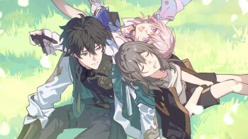 1boy 2girls absurdres armor arms_up back-to-back belt black_belt black_choker black_gloves black_hair black_jacket black_shirt black_skirt blue_eyes blue_jacket blue_skirt blush breasts buttons chinese_clothes choker closed_eyes closed_mouth clothes_around_waist cloud_print coat collarbone collared_shirt commentary constellation_print dan_heng_(honkai:_star_rail) dan_heng_(hunt)_(honkai:_star_rail) day drooling earrings eyeliner feet_out_of_frame flower flower_ornament gloves grass grey_eyes grey_hair grey_pants hair_between_eyes happy highres honkai:_star_rail honkai_(series) jacket jewelry lapels leaning_on_person long_hair long_sleeves looking_at_another looking_up makeup march_7th_(honkai:_star_rail) march_7th_(preservation)_(honkai:_star_rail) medium_breasts miniskirt multicolored_eyes multiple_girls open_clothes open_coat open_jacket open_mouth outdoors pants partially_fingerless_gloves petals pink_hair pleated_skirt puffy_long_sleeves puffy_sleeves purple_eyes red_eyeliner shadow shirt short_hair shoulder_armor sidelocks single_earring sitting skirt sleeping smile stelle_(honkai:_star_rail) symbol-only_commentary t-shirt tassel teeth thigh_strap tied_jacket trailblazer_(honkai:_star_rail) v white_coat white_flower white_shirt zassyoku_dd zipper