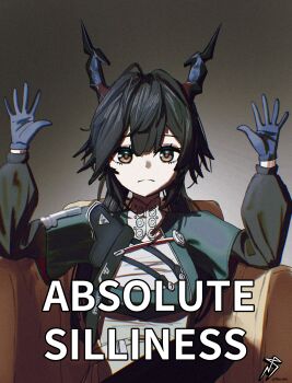 Rule 34 | 1girl, absolute cinema (meme), absurdres, arknights, arknights: endfield, armchair, black hair, blue gloves, blue horns, blue jacket, breasts, chair, chen qianyu (arknights), commentary, dragon girl, dragon horn, dragon horns, eastern dragon horns, english commentary, english text, film grain, fini kin, frown, gloves, hair between eyes, hair intakes, hands up, heavy film grain, highres, horns, image macro (meme), indoors, jacket, looking at viewer, medium breasts, meme, on chair, open hands, sitting, solo, split mouth, straight-on, twitter username, upper body