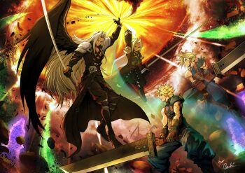 Rule 34 | 4boys, absurdres, arm up, armor, black coat, blonde hair, buster sword, chest strap, clenched teeth, cloud strife, coat, dual persona, final fantasy, final fantasy vii, final fantasy vii remake, grey hair, highres, holding, holding sword, holding weapon, long coat, long hair, low poly, masamune (ff7), meteor, mochi mangaka, multiple boys, parted bangs, sephiroth, shoulder armor, single wing, sleeveless, sleeveless turtleneck, spiked hair, sword, teeth, turtleneck, very long hair, weapon, wings