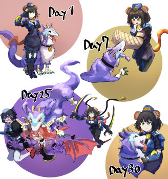 4girls absurdres animal_ear_fluff animal_ears biting black_hair black_necktie black_skirt blue_bow blush bow breasts claws cleavage closed_eyes closed_mouth demon_girl demon_wings dragon dragon_horns dragonmaid_nudyarl eastern_dragon evil_twin_ki-sikil evil_twin_lil-la gloves green_eyes hat hatano_kiyoshi highres horns k9-17_&quot;ripper&quot; k9-17_izuna k9_-_#17_&quot;ripper&quot; k9_-_#17_izuna ki-sikil_(yu-gi-oh!) laundry_dragonmaid lil-la_(yu-gi-oh!) long_hair looking_at_viewer multiple_girls necktie open_mouth pantyhose pink_hair pink_necktie police police_hat police_uniform policewoman purple_gloves short_hair skirt smile tail weasel_ears weasel_girl weasel_tail white_pantyhose wings yu-gi-oh!