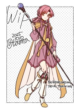 1girl boots breasts cape commentary_request dated dress ethlyn_(fire_emblem) fire_emblem fire_emblem:_genealogy_of_the_holy_war full_body highres holding inset_border knee_boots long_hair looking_at_viewer mage_staff medium_dress nintendo pink_dress pink_eyes pink_hair polka_dot polka_dot_background sayu030b sidelocks signature simple_background small_breasts smile solo staff standing standing_on_one_leg twitter_username unfinished watermark white_background white_boots yellow_cape