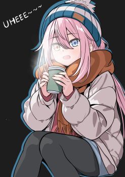 1girl beanie black_background black_pantyhose blue_archive blue_eyes blue_hat blue_shorts brown_scarf cropped_legs cup disposable_coffee_cup disposable_cup double-parted_bangs down_jacket english_text hair_between_eyes hat heterochromia highres hinata_kayuki holding holding_cup hoshino_(blue_archive) jacket kagamihara_nadeshiko long_hair long_sleeves looking_at_viewer open_clothes open_jacket open_mouth pantyhose pink_hair pom_pom_(clothes) pom_pom_beanie red_sweater scarf shorts simple_background sitting smile solo sweater voice_actor_connection white_jacket yellow_eyes yurucamp