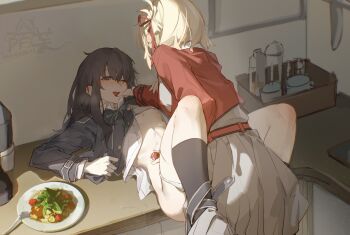 2girls absurdres black_hair black_socks blonde_hair blush fork heavy_breathing highres imminent_penetration inoue_takina kitchen lycoris_recoil lying moyu_marginal multiple_girls nishikigi_chisato one_eye_closed panties plate salad socks underwear white_panties yuri