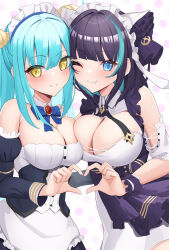 Rule 34 | 2girls, azur lane, black hair, black sleeves, blue bow, blue eyes, blue hair, blunt bangs, blush, bow, breast press, breasts, brooch, cheek-to-cheek, cheshire (azur lane), cleavage, closed mouth, commission, detached collar, detached sleeves, dot nose, dress, fang, hair intakes, heads together, heart, heart hands, heart hands duo, highres, humo, jewelry, large breasts, long hair, looking at viewer, medium hair, multicolored hair, multiple girls, neptune (azur lane), one eye closed, pixiv commission, polka dot, polka dot background, purple dress, purple wrist cuffs, shell hair ornament, shiny skin, short dress, simple background, smile, streaked hair, symmetrical docking, twintails, two-tone hair, white sleeves, yellow eyes