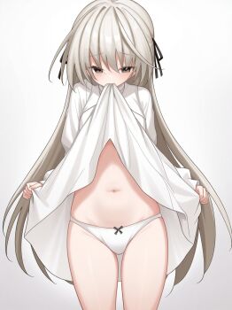 1girl absurdres black_bow black_ribbon blush bow bow_panties brown_eyes clothes_in_mouth commentary_request cowboy_shot dress dress_in_mouth eyes_visible_through_hair ghost_villager grey_hair groin hair_between_eyes hair_ribbon highres holding_own_dress kasugano_sora long_hair long_sleeves looking_at_viewer looking_down navel panties partial_commentary presenting_own_body ribbon sidelocks simple_background skindentation solo stomach straight_hair thighs tsurime underwear very_long_hair white_background white_dress white_panties yosuga_no_sora
