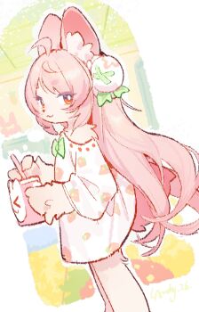 1girl :3 absurdres ahoge animal_ear_fluff animal_ears artist_name bow bright_pupils commentary dress drink english_commentary feet_out_of_frame food_print from_side fruit_print furry furry_female green_bow highres holding holding_drink la-ndy long_hair looking_at_viewer orange_eyes pink_fur pink_hair rabbit_ears rabbit_girl solo strawberry_print very_long_hair zenless_zone_zero zhao_(zenless_zone_zero)