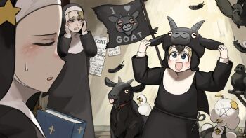 Rule 34 | 3girls, :d, bible (object), bird, blonde hair, blue eyes, chicken, closed eyes, clumsy nun (diva), commentary, crow, diva (hyxpk), duck, english commentary, feathers, goat, goat hat, highres, little nuns (diva), mole, mole on cheek, multiple girls, note, nun, open mouth, pentagram, smile, star nun (diva), star ornament, strict nun (diva), tongue, tongue out, traditional nun